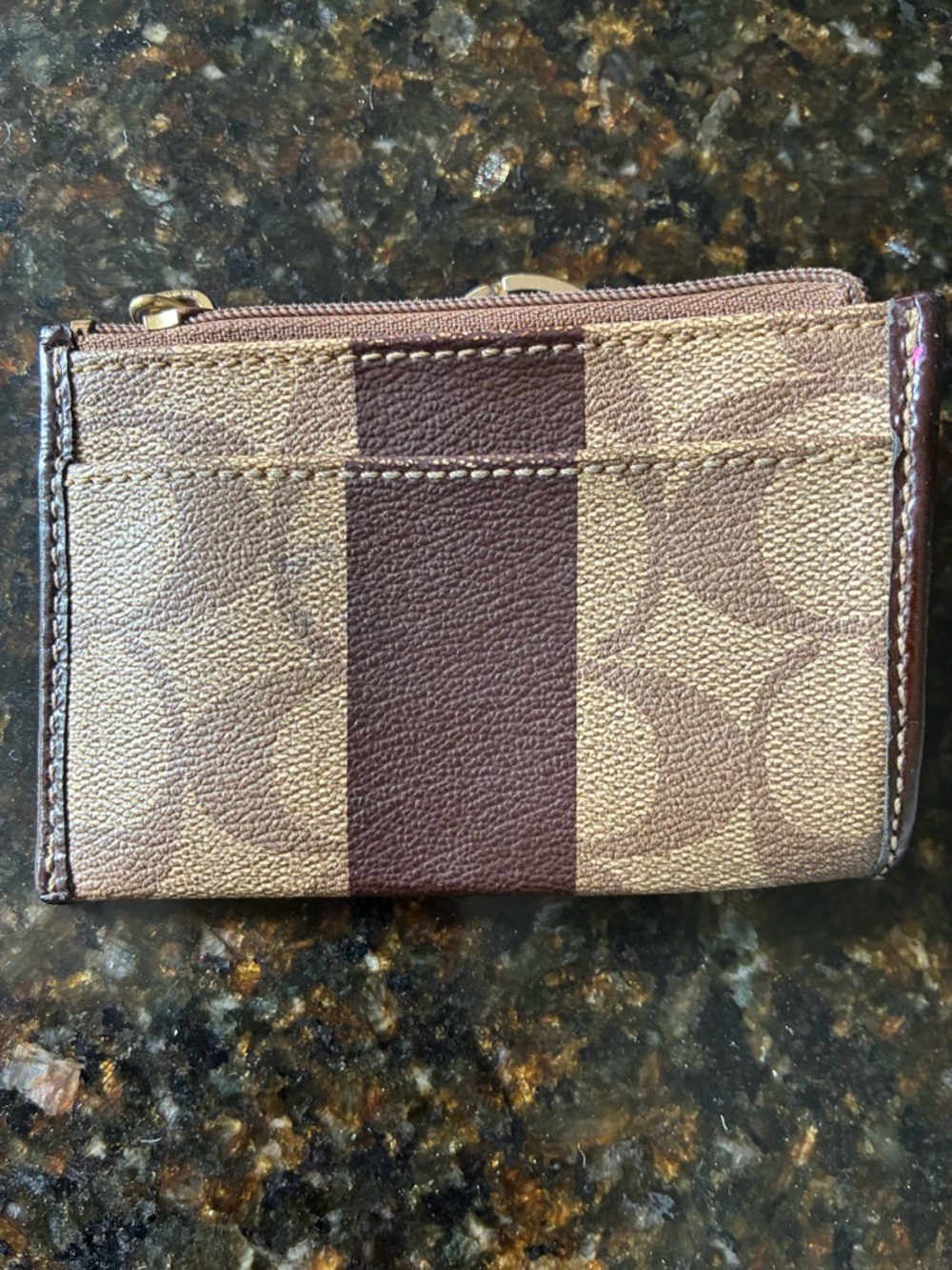 Coach Mini Zip Card Case in Brown and Tan with Red Logo - Picture 3 of 4
